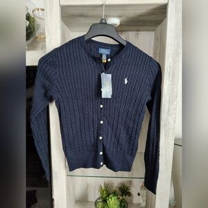 POLO RALPH LAUREN Girl's Cable Knit Cotton Cardigan (Big Kids) Hunter Navy SZ 12